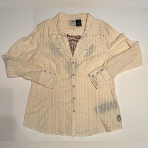 Harley-Davidson Women’s Cream Embroidered Pearl Snap Top W/Shiny Crystals. XL.